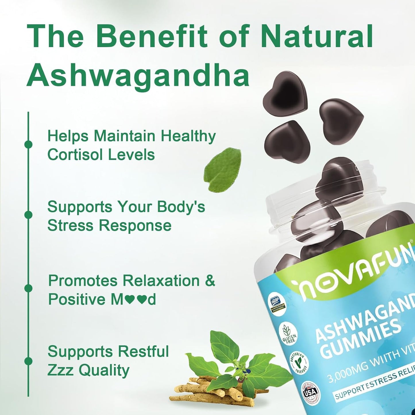 Ashwagandha Gummies with Vitamin D2, 3000mg Ashwagandha for Stress Relief and Immune Support, Vegetarian & Gluten-Free, Strawberry Flavor, 60 Count