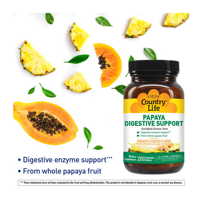 Country Life Papaya Digestive Support, 500 Chewable Wafers | Natural pineapple & papaya Flavor. Assists nutrient absorption, contains papain & protease