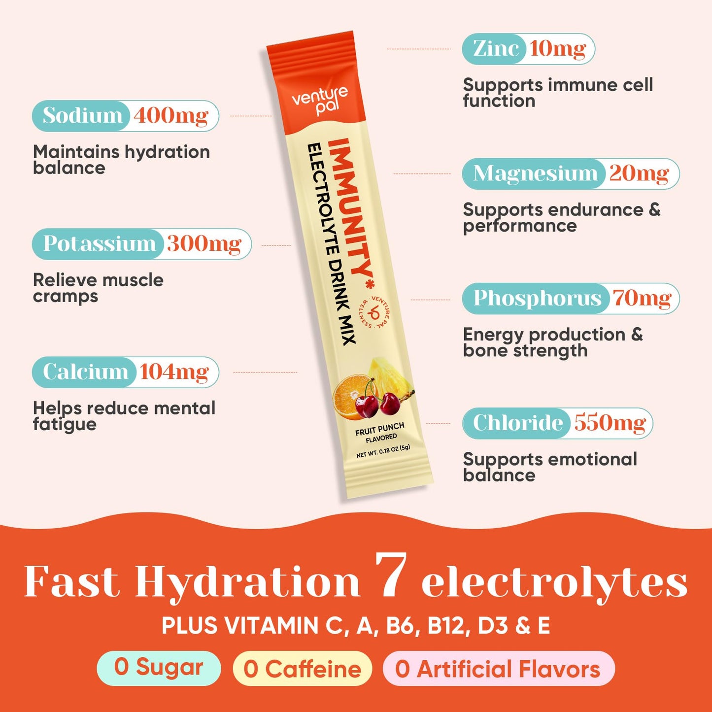 Venture Pal Sugar Free Hydration Packets+Immune-Liquid Daily IV Drink Mix | Electrolyte Powder with 7 Electrolytes & 6 Vitamins, Probiotics + Elderberry | Non-GMO, Keto Friendly, Vegan | 16 Sticks