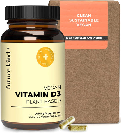 Future Kind Vitamin D3 2500 IU for Bone and Muscle Function, Vitamin D Vegan Supplement from Plant Lichen, Non-GMO, Sugar Free, Pure Vitamin D3, Promotes Natural Resilience, 30 Capsules