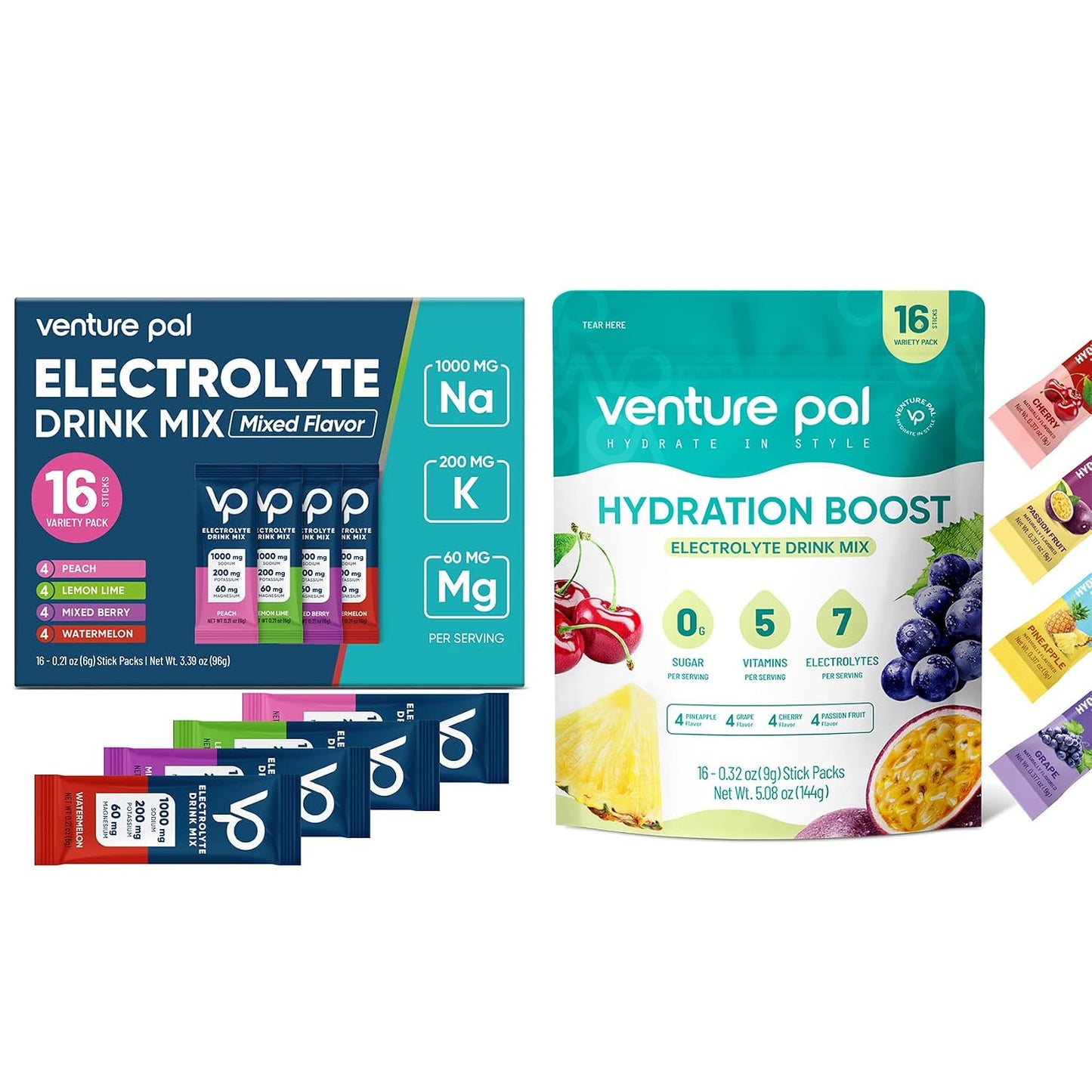 Venture Pal Electrolyte Powder Combo Pack – Sugar-Free Daily Hydration & High Sodium Recovery Drink Mix | 5 Vitamins, 7 Electrolytes, Zero Calories | Keto, Vegan, Paleo Friendly | 32 Sticks Total