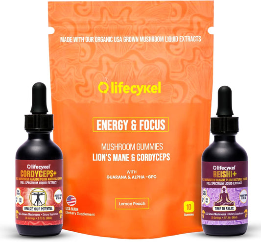 Life Cykel Cordyceps & Reishi Mushroom Extract Liquid Duo – Potent 1oz Tinctures with Included Energy & Focus Gummies (10-Count) for Enhanced Vitality, Immune Support & Mental Clarity