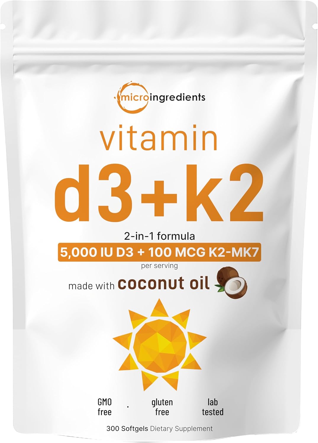 Micro Ingredients Vitamin D3 5,000 IU + K2 MK-7 100 mcg, 300 Softgels | Virgin Coconut Oil | 2-in-1 Support | Easy to Swallow, Non-GMO