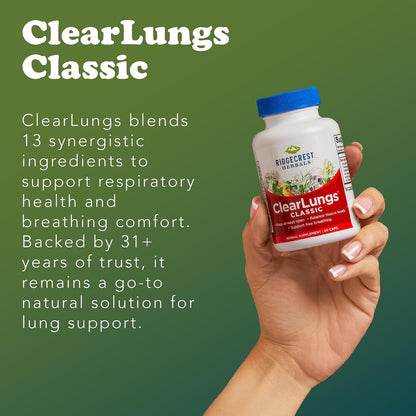 RidgeCrest Herbals ClearLungs Classic Natural Lung Health Support 60 Ct | 30 Servings, 13 Unique Herbs, Nasal Wellness, Respiratory and Bronchial Support, Sinus, Mucus and Immune Health