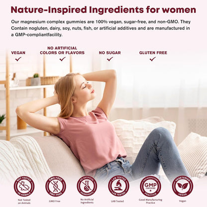Magnesium Complex Gummies for Women, Triple Magnesium Complex with Glycinate, Malate, Taurate, Magnesium Complex 350 mg with L-theanine & Glycine for Relax, Sleep, Immune Support, Sugar Free, 60 Ct