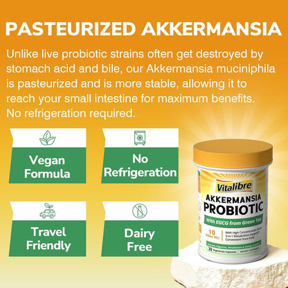 Vitalibre Akkermansia Probiotic 10 Billion TFU, with Concentrated EGCG from Green Tea Extract, GLP-1 Supplement for Gut Health, Metabolism Support & Sustain Energy Levels, 30 Vegan Capsules, No Gluten