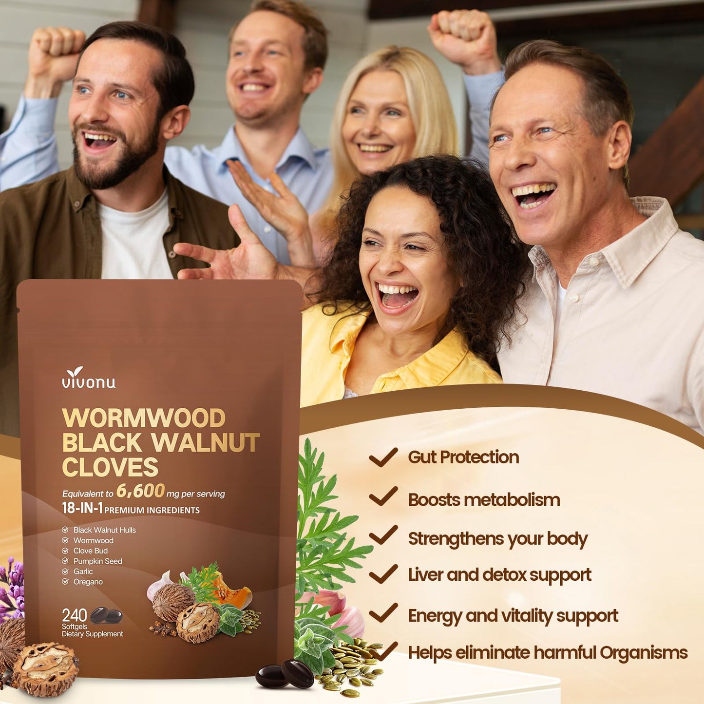 VivoNu 18-in-1 Black Walnut Wormwood, Rapid Gut Cleanse & Digestive Health with Clove, Garlic, Turmeric, Pumpkin Seed, Oregano, Berberine & More, 2 Bag