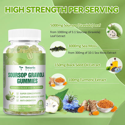 Totaria Sugar Free Soursop Oil Graviola Sea Moss Gummies - Support Digestive Sleep Skin Health, Immunity & Antioxidant - Guanabana Fruit with Sea Moss, 150mg Black Seed Oil Organic Non-GMO Vegan