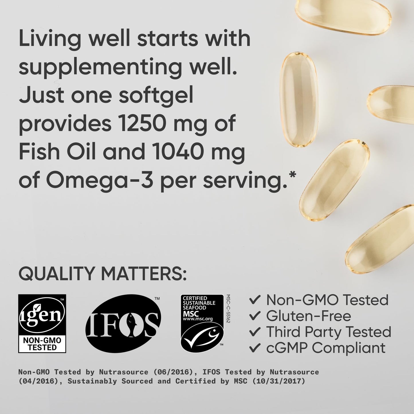Sports Research® Omega-3 Fish Oil 1250 - Triple Strength Fish Oil Supplement from Wild Alaska Pollock - MSC Certified Sustainable · Non-GMO · Soy Free - 90 Softgel Capsules