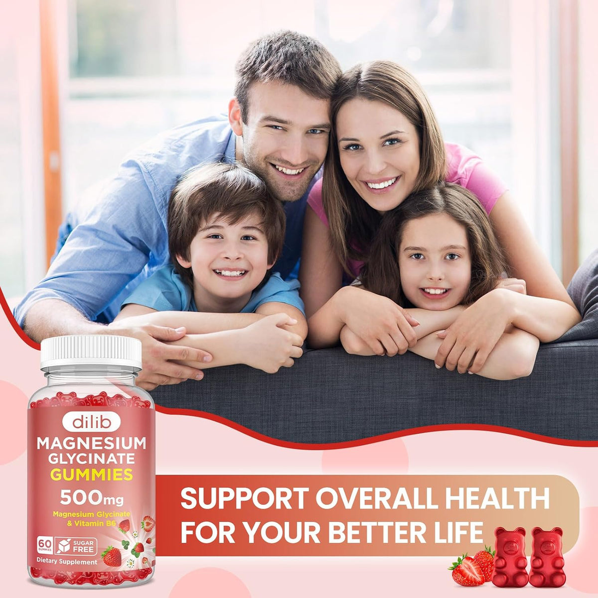 Magnesium Glycinate Gummies 500mg - Magnesium Supplement with Vitamin B6 for Adults & Magnesium for Kids - Calm Magnesium for Sleep, Mood, Muscle Support - Strawberry Flavor, 60 Gummies