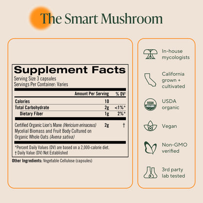 Om Lion’s Mane Mushroom Capsules - Organic Mushroom Supplement and Nootropic - Brain Supplements for Memory and Focus, 180 Count (60 Servings)
