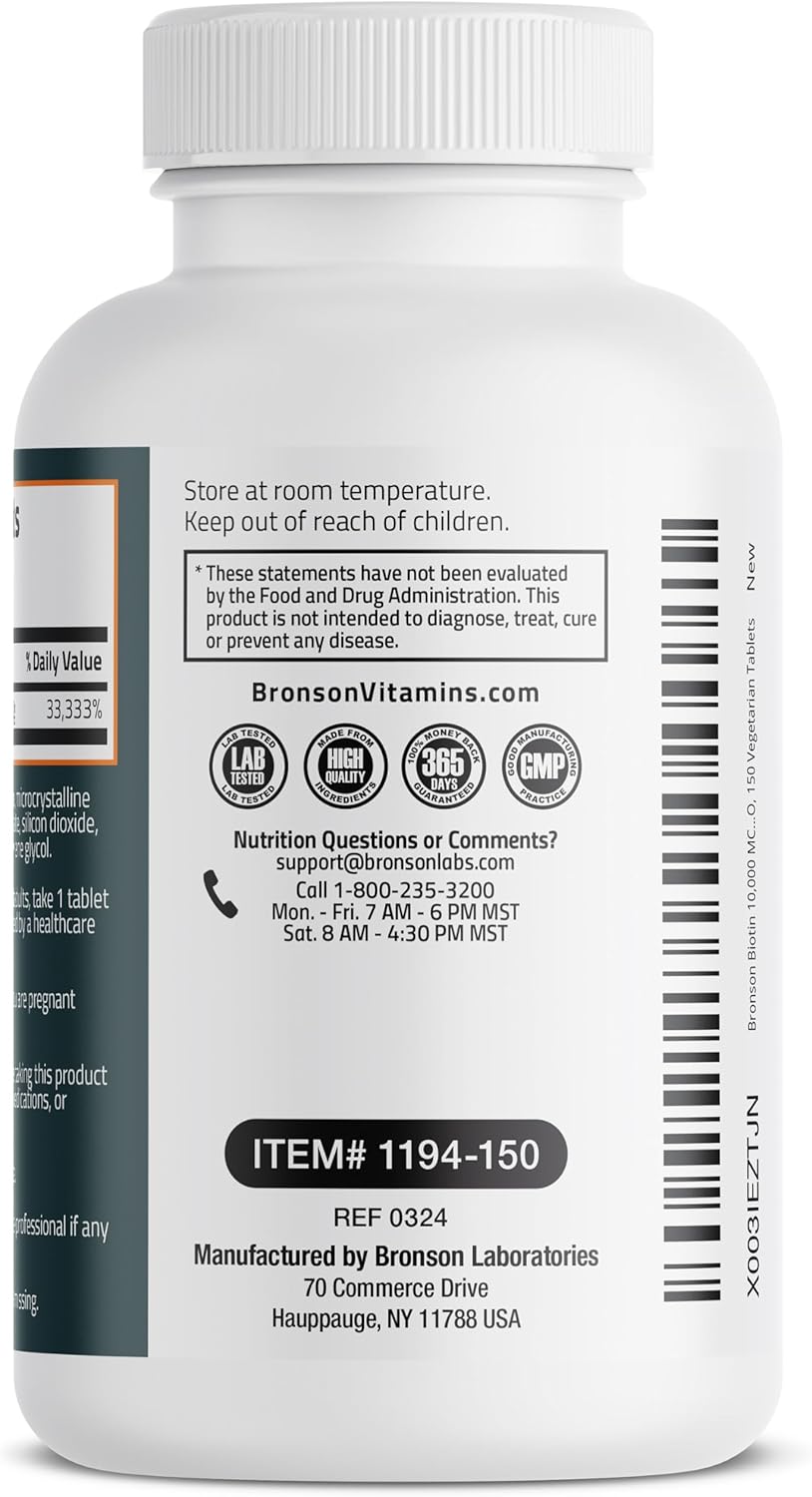 Bronson Biotin 10,000mcg Hair Skin and Nails Vitamins, 150 Tablets | Vegetarian Beauty Support, Non-GMO, Gluten-Free, Soy-Free, Supports Healthy Hair, Skin and Nails
