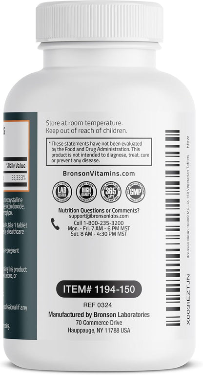 Bronson Biotin 10,000mcg Hair Skin and Nails Vitamins, 150 Tablets | Vegetarian Beauty Support, Non-GMO, Gluten-Free, Soy-Free, Supports Healthy Hair, Skin and Nails