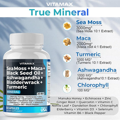 Sea Moss, Maca, Black Seed Oil, Ashwagandha, Bladderwrack, Turmeric