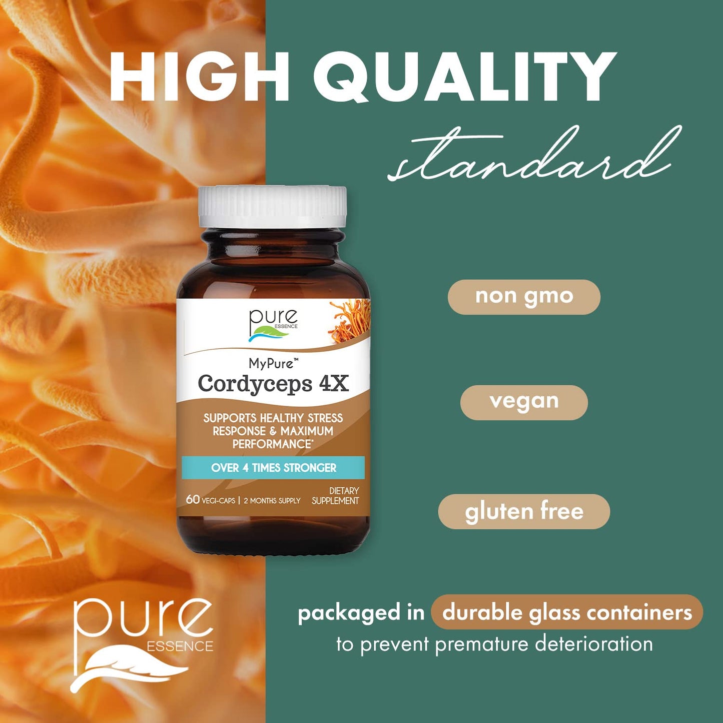 PURE ESSENCE LABS MyPure Cordyceps 4X Mushrooms - Concentrated Cordyceps Mushroom Powder Supplements for Immune System, Stress Response, Physical & Mental Performance - 2 Months Supply