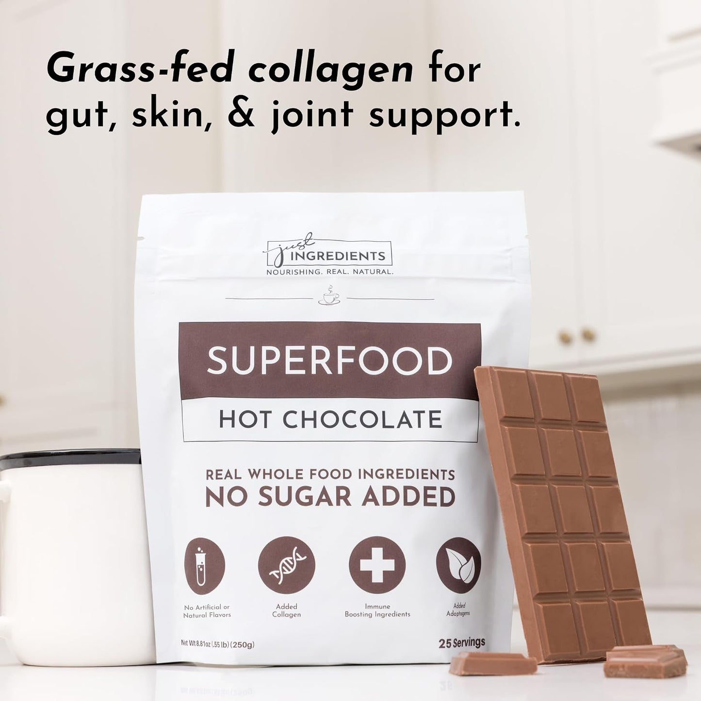 JUST INGREDIENTS Superfood Hot Chocolate Powder - Collagen, Cacao, Ashwagandha, Turmeric, 25 Servings