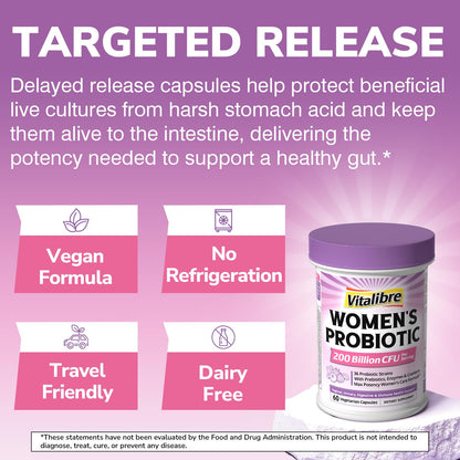 Vitalibre Probiotics for Women 30 Strains, 100B CFUs Vaginal Probiotics | with Digestive Enzymes, Prebiotics & Cranberry for Urinary Tract Health, pH Balance, 30 Veggie Capsules