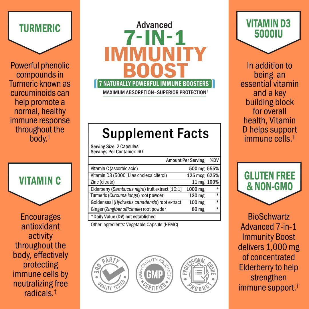 Immune Support Supplement with Zinc Elderberry Vitamin D 5000 IU, 120ct
