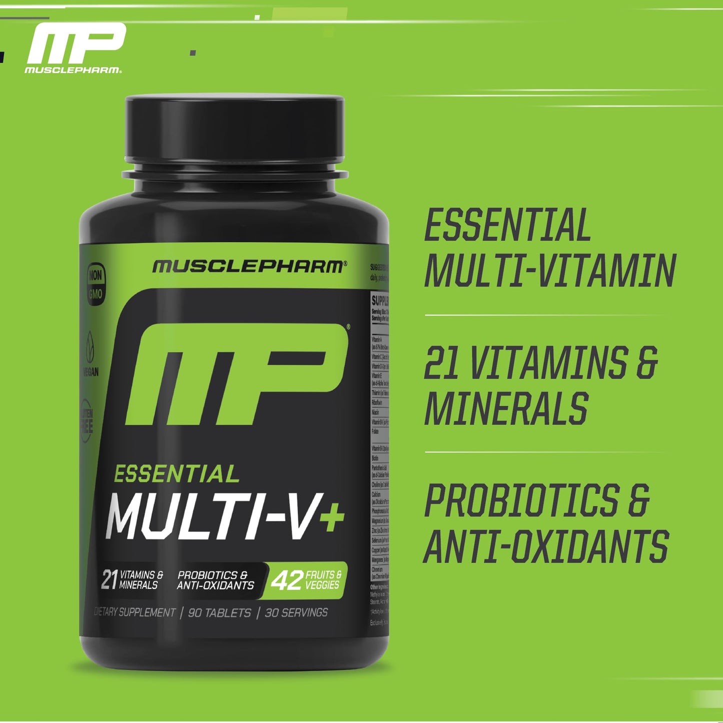 Muscle Pharm Essentials Multi-V+, The Athlete's Multi-Vitamin, Enhanced Energy, Performance & Immune Health, Daily Multivitamin for Men & Women with Minerals Plus Probiotics, 90 Tablets, 30 Servings