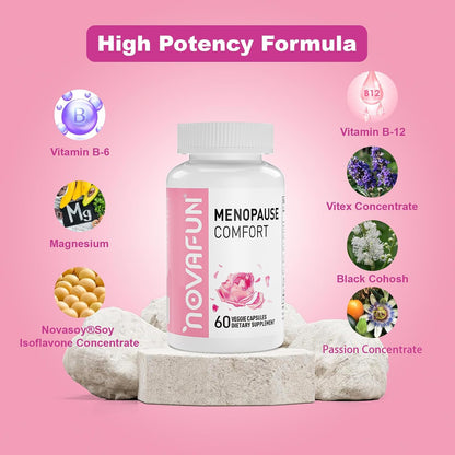 Menopause Relief Capsules for Women, Novasoy Soy Isoflavone, Black Cohosh, Passion Flower, Vitex, Vitamin B6, Vitamin B12, Magnesium, 60 Count