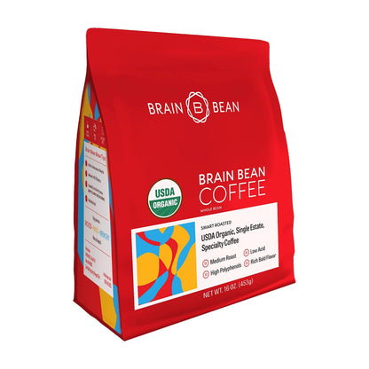 Brain Bean Organic Coffee – USDA Certified Organic Whole Bean Medium Roast – Premium Specialty Coffee – Fresh Roasted for Rich Aroma & Smooth Balanced Flavor – 16 oz