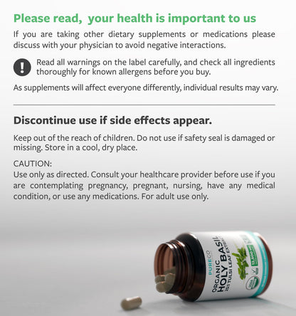 PURE CO USDA Organic Holy Basil Supplement – High Potency Organic Holy Basil 500mg 25:1 Extract 1 Capsule Per Serving – High Strength Tulsi Extract – 60 Vegan Capsules – Non-GMO & Made in USA