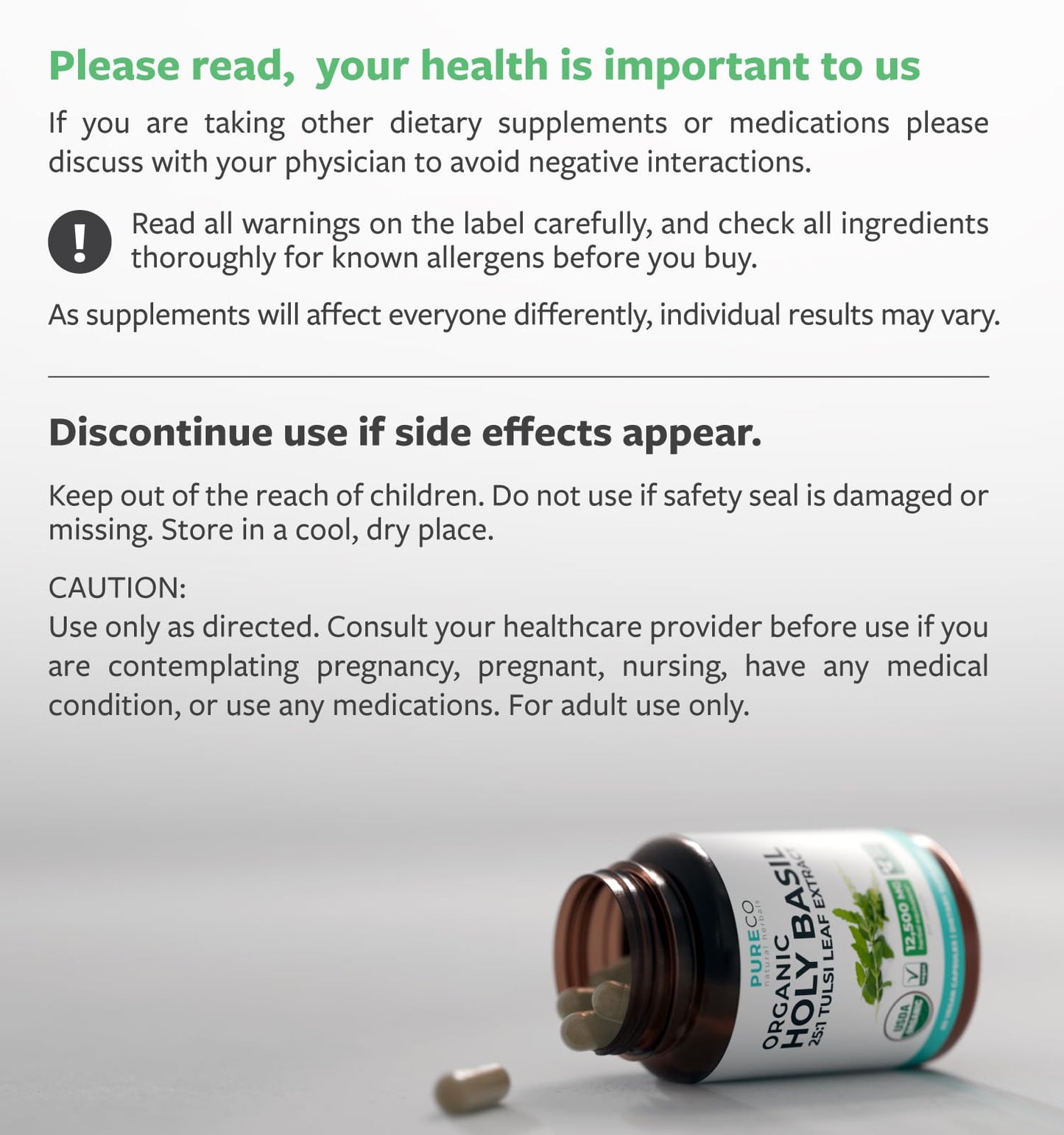 PURE CO USDA Organic Holy Basil Supplement – High Potency Organic Holy Basil 500mg 25:1 Extract 1 Capsule Per Serving – High Strength Tulsi Extract – 60 Vegan Capsules – Non-GMO & Made in USA