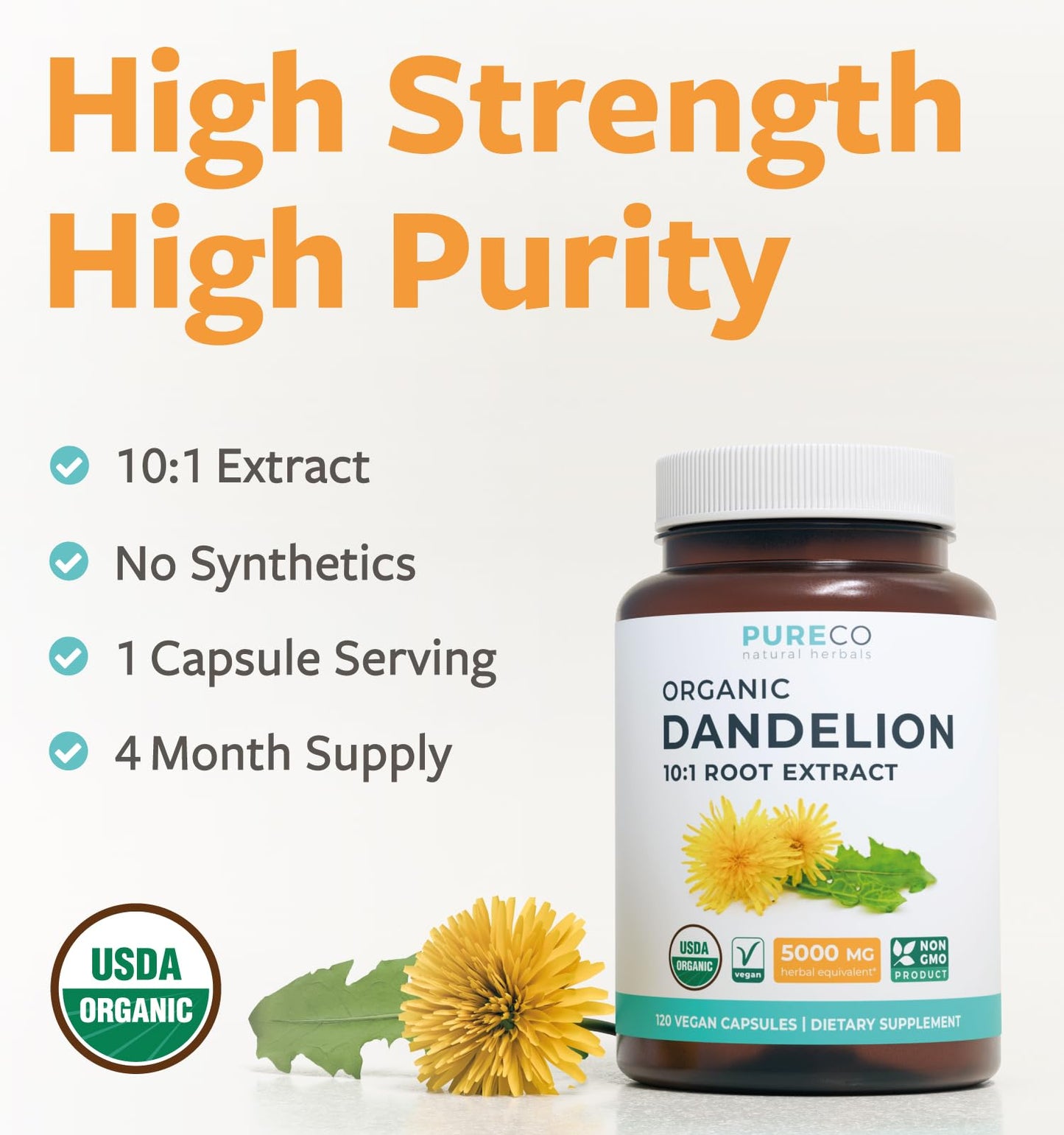 USDA Organic Dandelion Root Extract - High Potency 10:1 Dandelion Root Supplement with 5000mg Herbal Equivalent Strength for Liver Cleanse Detox & Repair Support - Vegan & Non-GMO (2 Month Supply)