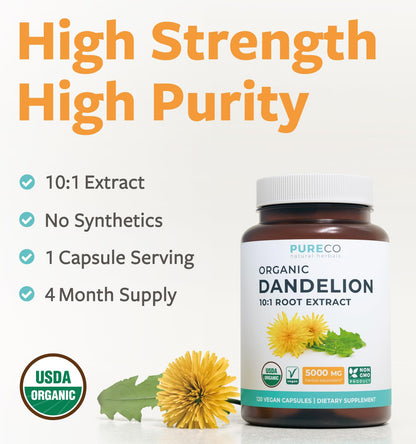 USDA Organic Dandelion Root Extract - High Potency 10:1 Dandelion Root Supplement with 5000mg Herbal Equivalent Strength for Liver Cleanse Detox & Repair Support - Vegan & Non-GMO (2 Month Supply)