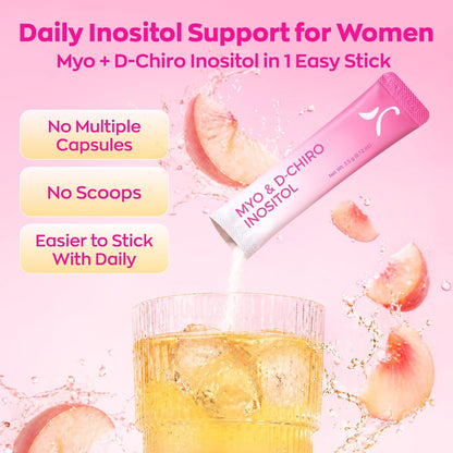 Gynable Myo-Inositol & D-Chiro Inositol Supplement for Women - 40:1 Ratio, Peach Powder Drink Mix Stick Packets, Support Healthy Cycles, Hormonal Balance & Ovarian Health, 20 Servings