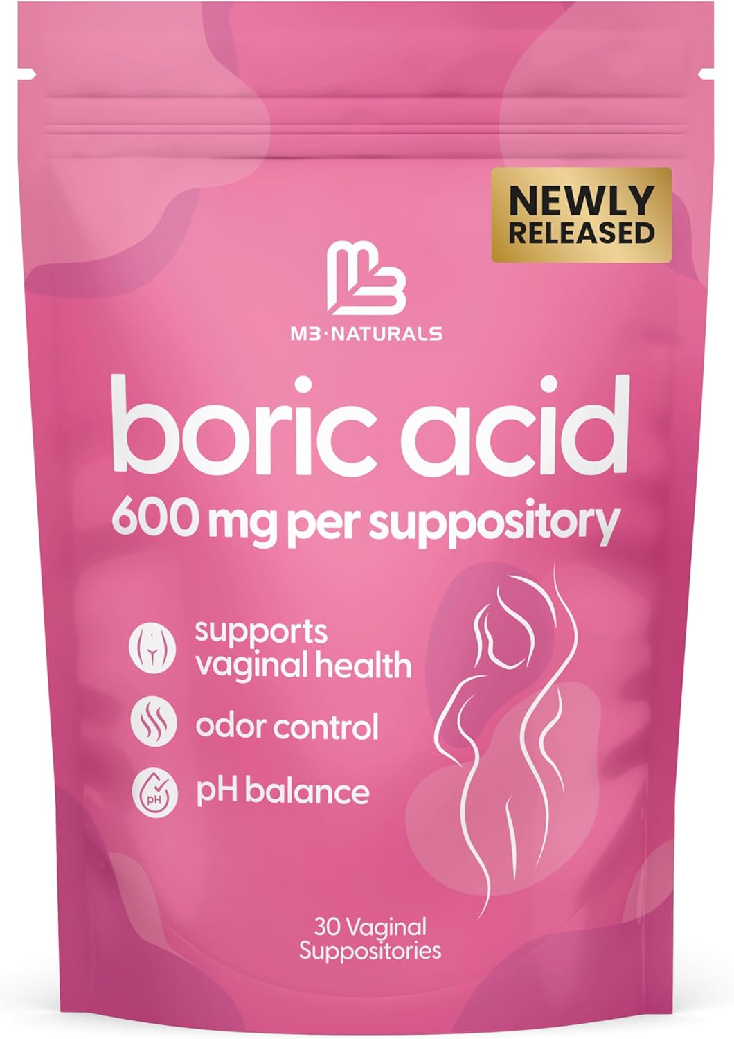 Boric Acid Suppositories for Women, Clean Formula, 600 mg, 30 Count by M3