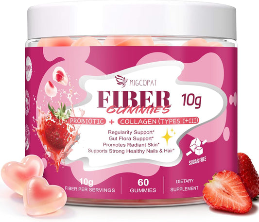 Migcopat 10G Fiber Gummies with Collagen Peptides, Hyaluronic Acid, Vitamin C, ACV, 30 Billion CFU Probiotics – Sugar Free Collagen Gummy for Skin, Hair & Nails – Digestive Health Support – 60 Cts