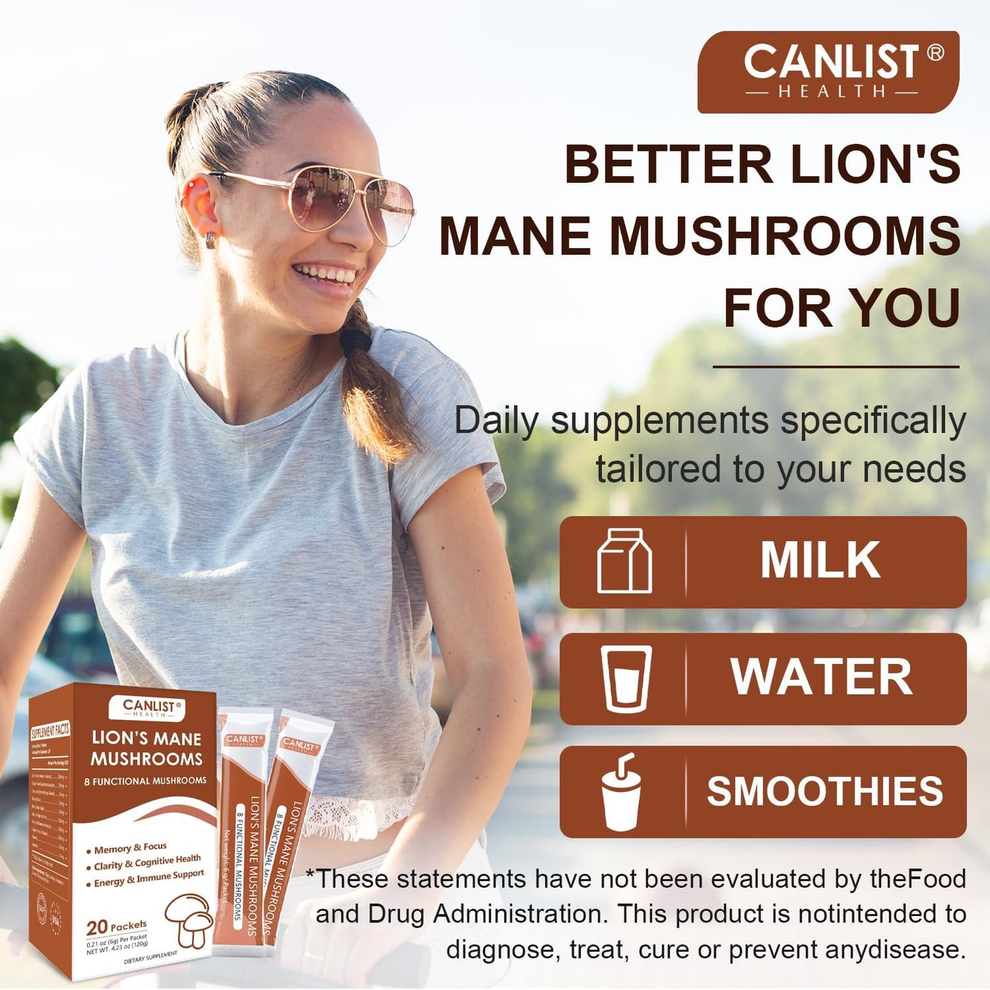 CANLIST Lion's Mane Mushroom Powder with Lions Mane, Cordyceps, Chaga, Reishi, Shiitake, Boletus, Agaricus Bisporus, Turkey Tail for Better Energy, Cognitive Focus & Immune Support, 20 Packets