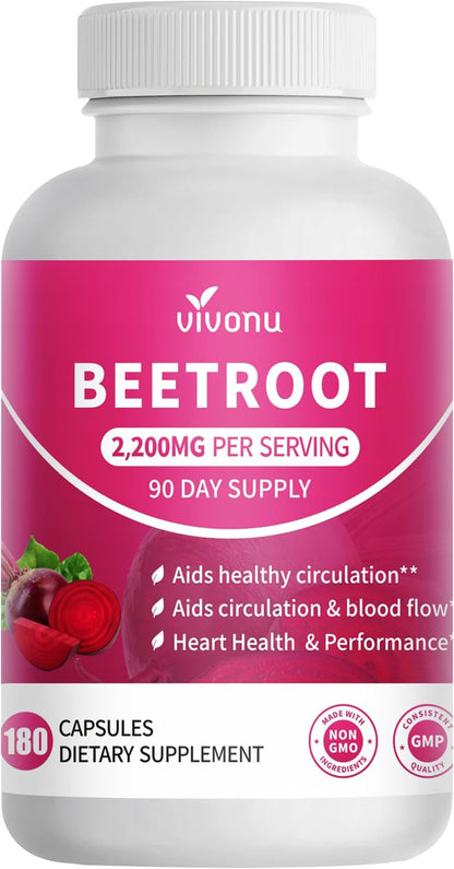 VivoNu Beetroot Capsules | Beet Root Supplement* 2,000 mg of Beet Root Powder, Enriched with CoQ10 and Grape Seed Extract，Healthy sBlood Pressure Levels and sCardiovascular* Wellness