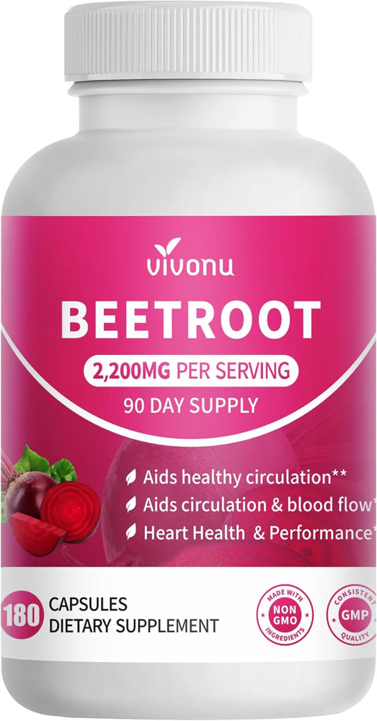 VivoNu Beetroot Capsules | Beet Root Supplement* 2,000 mg of Beet Root Powder, Enriched with CoQ10 and Grape Seed Extract，Healthy sBlood Pressure Levels and sCardiovascular* Wellness
