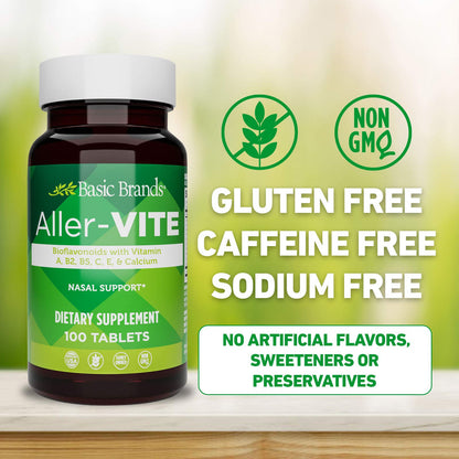 Basic Brands Aller Vite Nasal Support Tablets, 100 Tablets | Seasonal Allergy Relief, High Bioflavonoid Complex with Vitamins and Calcium, Gluten Free, Daily Supplement