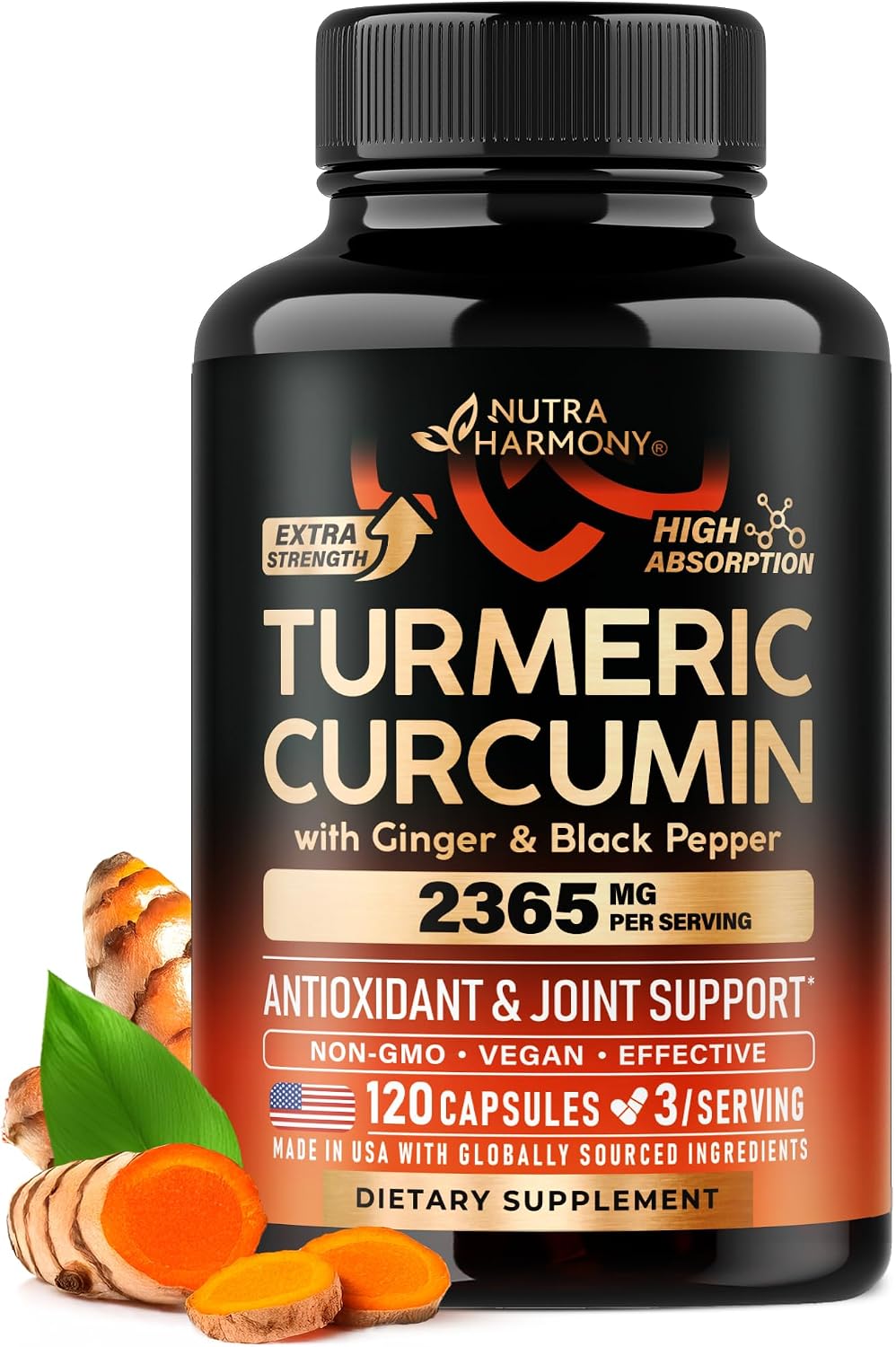 Turmeric Curcumin Supplement 2365 mg - Turmeric with Ginger & Black Pepper - Highly Bioavailable & Extra Strength 95% Curcuminoids - Antioxidant, Immunity & Joint Support - Lab Tested - 120 Capsules