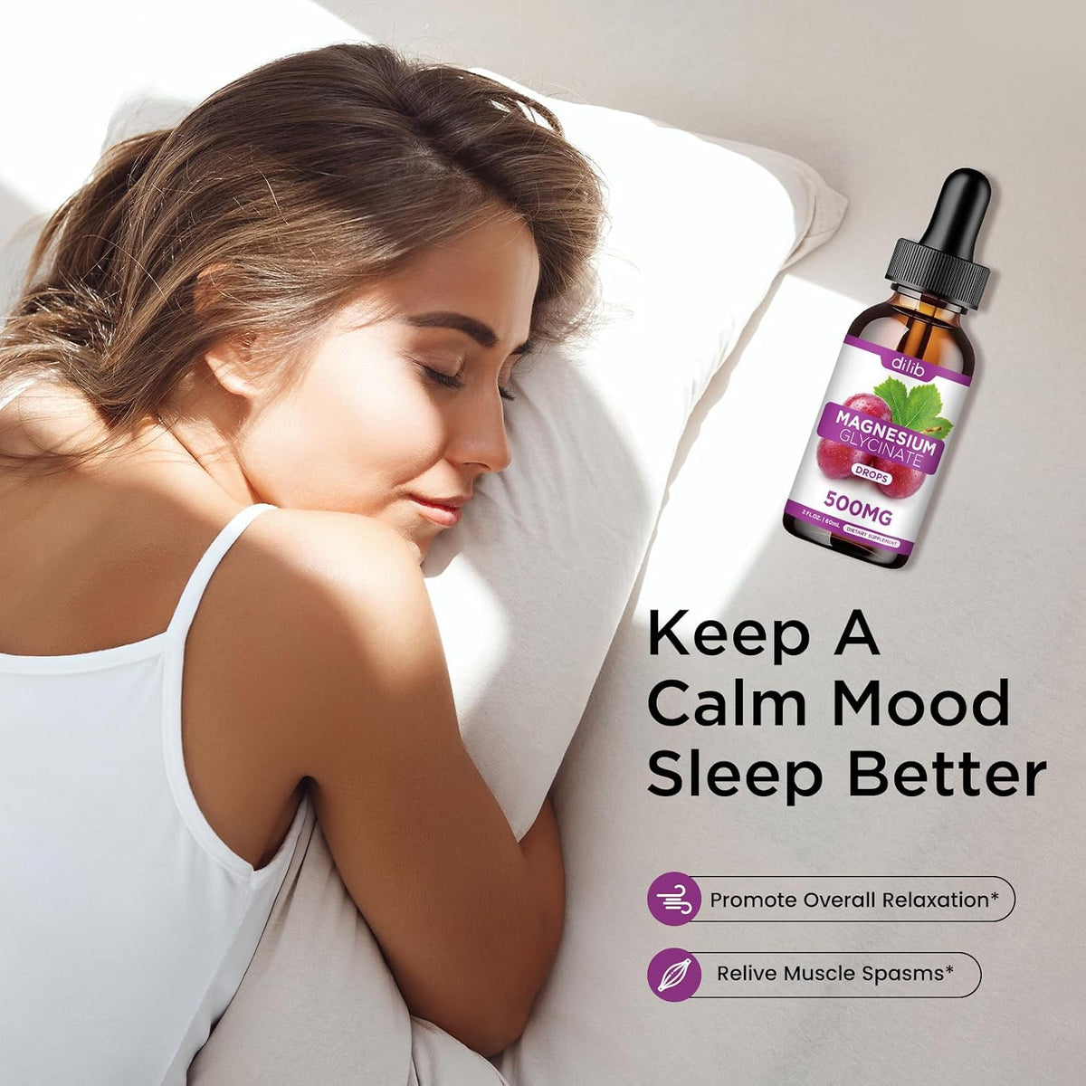 2 Pack Magnesium Glycinate Liquid Drops, Magnesium Glycinate Supplement 500mg with Calcium, Zinc, Vitamin B6, D3, L-Theanine, Omega 3 for Sleep, Mood, Stress Relief, Bone, Muscle, Grape Flavor 4 Fl Oz