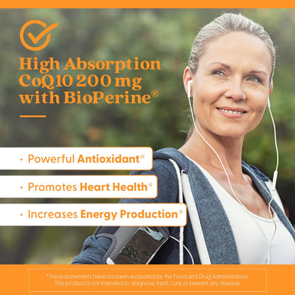 Doctor's Best High Absorption CoQ10 200mg with BioPerine Supplement - Coenzyme Q10 Caps for Heart Health & Antioxidant Support, CoQ10 200 mg for Women & Men, Non GMO - 60 Veg Capsules
