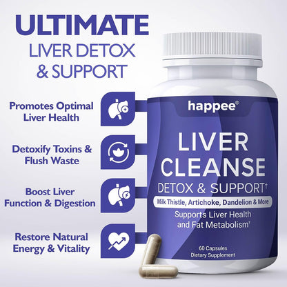 Happee Liver Cleanse Detox & Repair Supplement with Milk Thistle Extract - Flush Toxins & Renew Health - Vegan, Made in USA, 60 Capsules