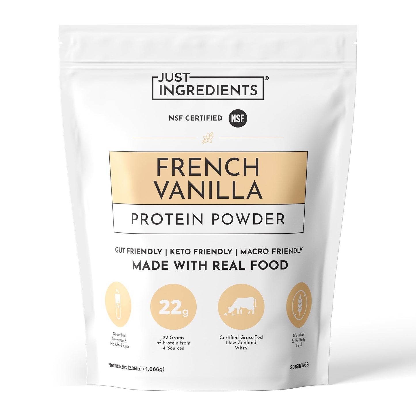 JUST INGREDIENTS Vanilla Bean Protein Powder – 20-Serving Blend with 100% Grass-Fed Whey & Organic Plant Proteins – Real Vanilla Bean & Cinnamon – Supports Muscle Recovery, Energy*