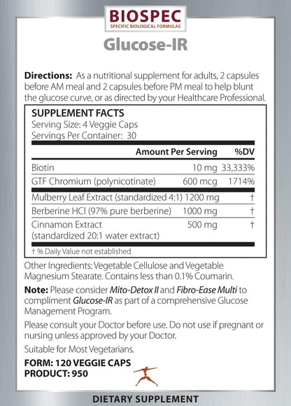 Biospec Nutritionals Glucose-IR - Cinnamon Extract, Chromium, Berberine, and Biotin (120 Capsules)