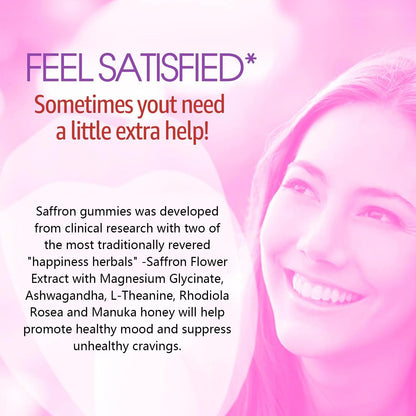 Saffron Supplements Gummies 100mg - 100% Pure Saffron Extract with Magnesium Glycinate, L-Theanine, Turmeric, Ashwagandha, Honey & Vitamin B Complex for Mood & Power, Antioxidant, Vitality - 60 Count