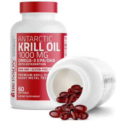 Bronson Antarctic Krill Oil 1000 mg with Omega-3s, 120 Softgels | Heavy Metal Tested, with EPA, DHA, Astaxanthin and Phospholipids, Non-GMO, Gluten Free, Soy Free