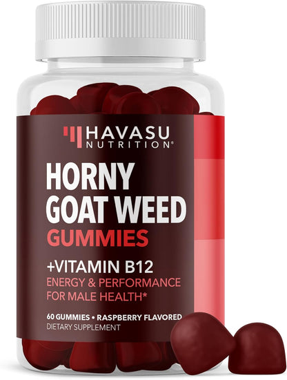 Horny Goat Weed Gummies with Vitamin B12, Raspberry Flavor, 30 Servings | Vegan, Non-GMO Horny Goat Weed Gummies to Support Drive, Vitality and Performance for Men, 60 Count, 1-Month Supply