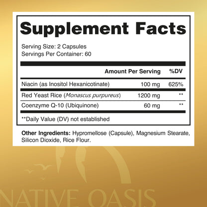 Native Oasis (2 Bottles) Red Yeast Rice 1,200 mg. Capsules Made with CoQ10 and Flush