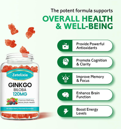 Ginkgo Biloba Gummies for Women and Men, Brain Supplement Improve Better Mood and Focus, Vegan Mixed Berry Flavor 60 Count