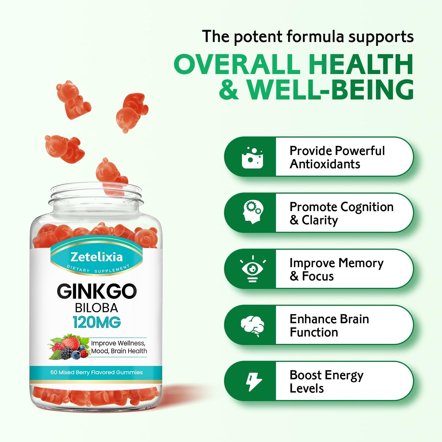 Ginkgo Biloba Gummies for Women and Men, Brain Supplement Improve Better Mood and Focus, Vegan Mixed Berry Flavor 60 Count