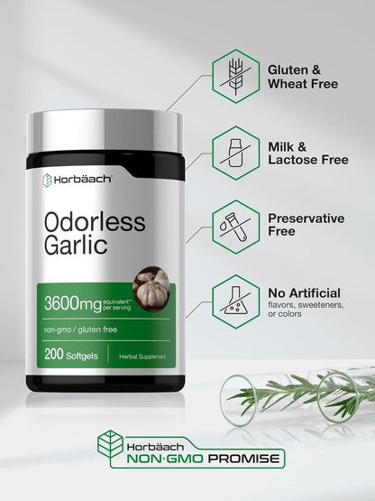 Horbäach Odorless Garlic Softgel Supplement | 200 Pills | Ultra Potent Concentrated Herbal Extract | Non-GMO & Gluten Free
