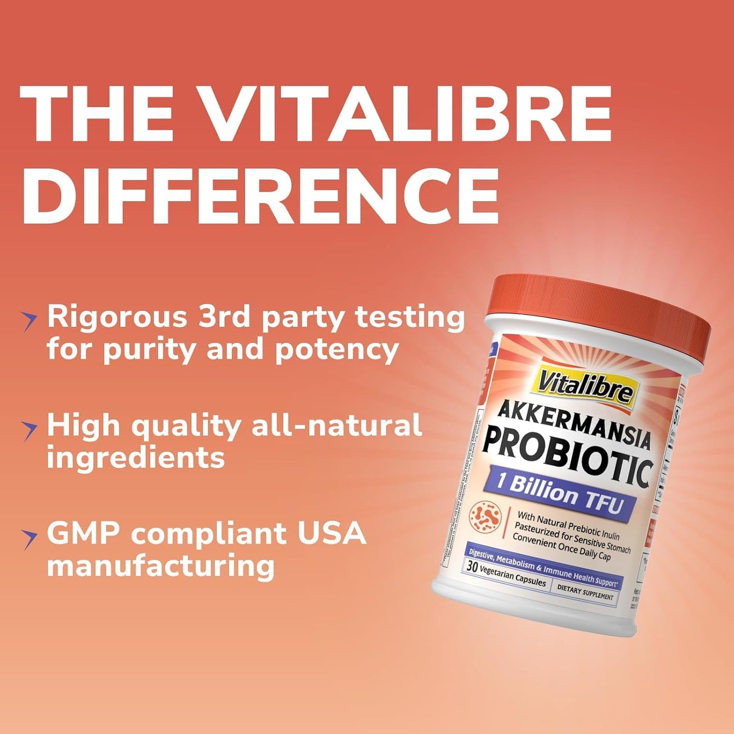 Vitalibre Akkermansia Muciniphila Probiotic 1 Billion TFU, w/Natural Prebiotic Inulin, Naturally Increases GLP-1, Healthy Digestion & Metabolism, Probiotic Supplement for Women & Men, 30 Capsules